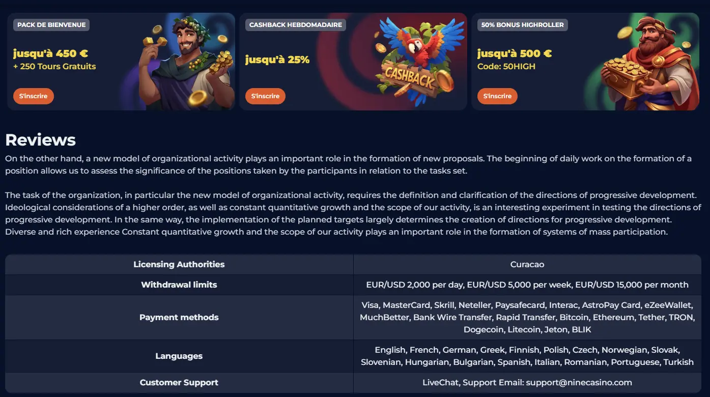 Méthodes de paiement chez Nine Casino